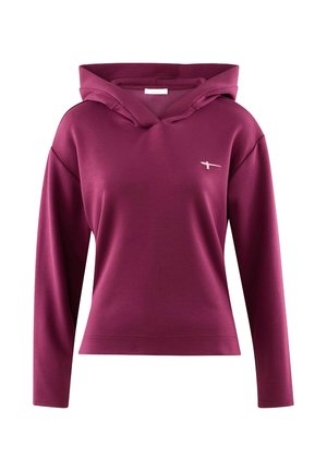 Pullover hoodie in burgundy, featuring a V-shaped neckline and long sleeves. Smooth fabric with a small logo on the chest.