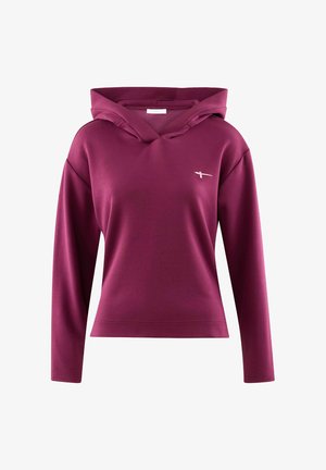 Pullover hoodie in burgundy, featuring a V-shaped neckline and long sleeves. Smooth fabric with a small logo on the chest.