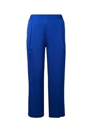 Blauwe, wijdvallende broek van een gladde stof met twee voorplooien. Heeft een hoge taille en een enkel-lange pasvorm.
