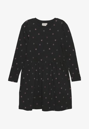 Black dress with long sleeves, featuring multicolored heart print. Soft fabric, gathered skirt, round neckline, and subtle puff sleeve detail.