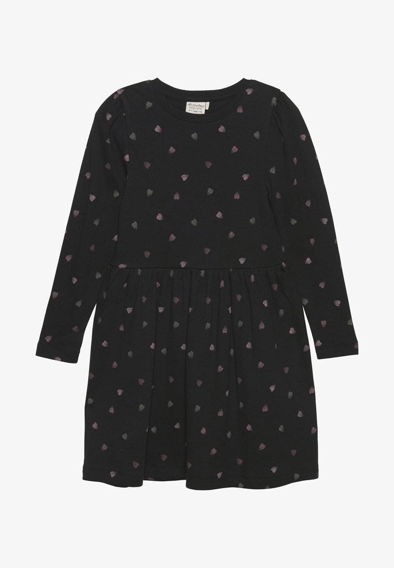 Crna haljina s dugim rukavima, ukrašena višebojnim uzorkom srca. Mekana tkanina, skupljena suknja, okrugli izrez i suptilna detalja na rukavima.