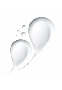 Due gocce bianche di crema, con superfici lisce e lucide, affiancate da diverse gocce circolari più piccole, tutte su uno sfondo bianco.