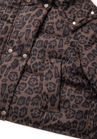 Gevoerde jas met een bruine luipaardprint. Behandelt zwarte vlekken, drukknoopsluitingen en een zijzak voor functionaliteit.