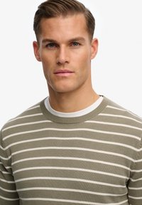 Suéter a rayas verde oliva con rayas blancas, cuello redondo, textura de punto y cuello plisado. Diseño simple y moderno sin detalles adicionales.