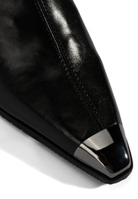 Chaussure noire en cuir avec un bout pointu, présentant un accent métallique brillant. Texture lisse avec des détails de couture visibles.
