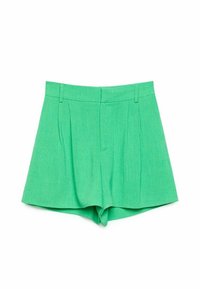 Pantaloni corti verdi realizzati in tessuto testurizzato. Presentano un design a pieghe e una vita dritta. Senza tasche o chiusure visibili.