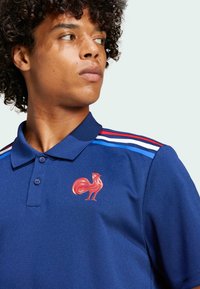 Blauwe polo met een rood hanenlogo op de borst. Voorzien van rood, wit en blauwe strepen op de schouders. Klassieke kraag en knoopsluiting.