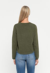 Maglione verde oliva realizzato in stoffa lavorata a maglia, con scollatura rotonda e maniche lunghe, abbinato a jeans di denim blu chiaro.