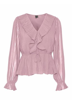 Pala ružičasta bluzica s naboranim V-izrezom, naboranom teksturom, dugim rukavima i suženim strukom s detaljem vezanja. Mekana, lagana tkanina.