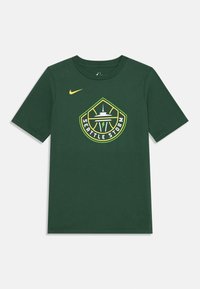 Tamnozeleni pamučni majica s kružnim logotipom "Seattle Storm" u žutoj i bijeloj boji s zelenim obrubom i Nike swoosh-om u žutoj boji.