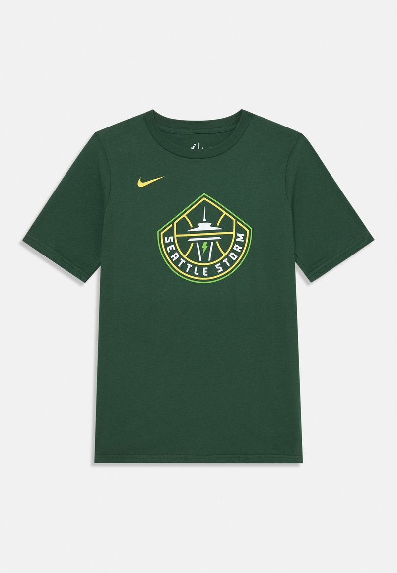 Tamnozeleni pamučni majica s kružnim logotipom "Seattle Storm" u žutoj i bijeloj boji s zelenim obrubom i Nike swoosh-om u žutoj boji.