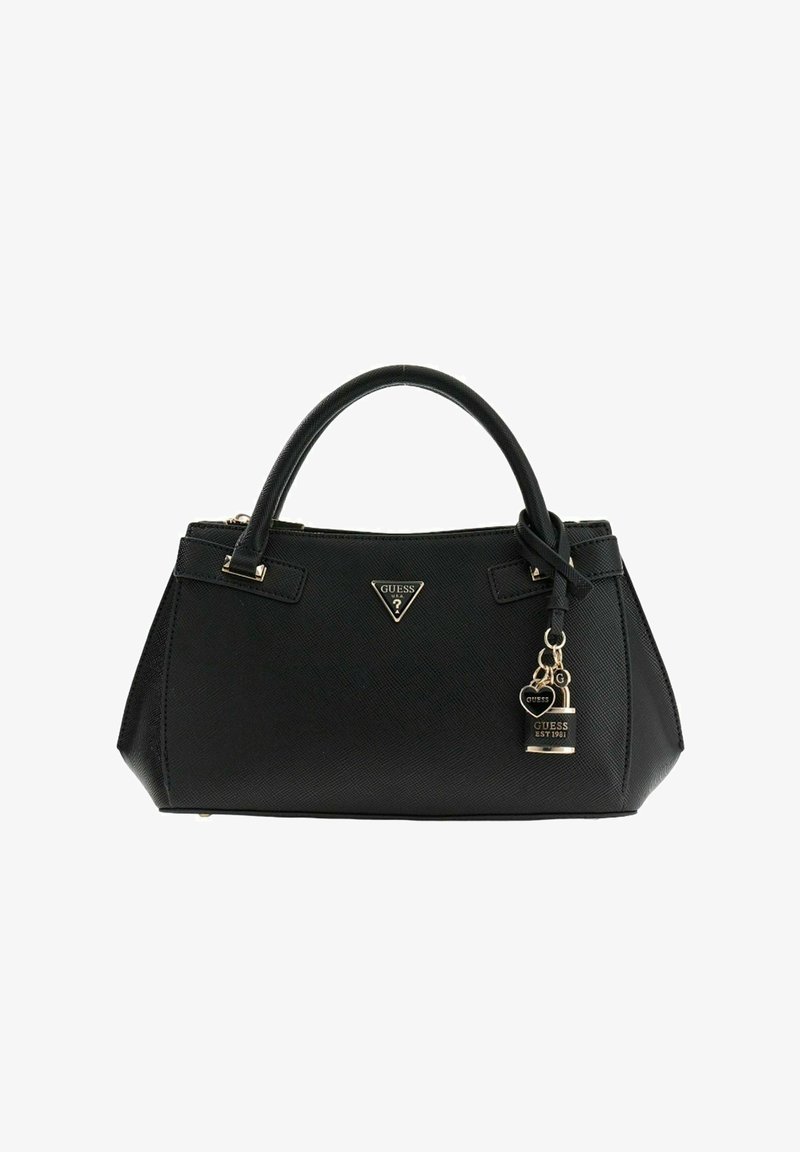 Sac à main synthétique noir au design structuré, surface texturée, accents dorés, poignée supérieure et détail de fermeture avec un charme.