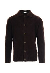 Cardigan a maglia di colore marrone scuro con un motivo a spina di pesce testurizzato, davanti con bottoni e colletto. Presenta cinque bottoni marroni e polsini a costine.
