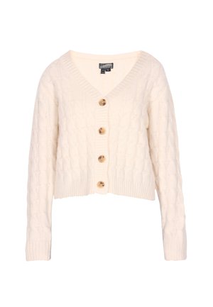 Cream cable-knit cardigan with a V-neck, four wooden buttons down the front, and ribbed cuffs and hem. Cropped design.