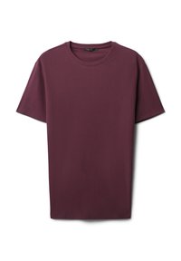 T-shirt corto bordeaux in cotone soffice, con collo rotondo, vestibilità rilassata e superficie liscia senza motivi o decorazioni.