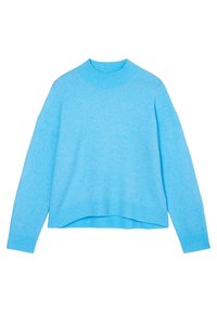 Pull en tricot bleu clair, col rond, poignets et ourlet côtelés, coupe décontractée, texture douce, avec une coupe légèrement raccourcie.