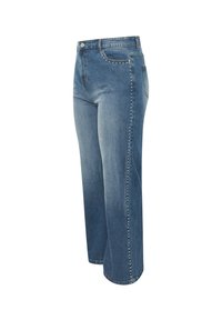 Vaaleansinisiä farkkuhousuja, joissa on leveät lahkeet ja hopeiset niitit sivusaumojen varrella, sekä tavalliset taskut. Klassinen viiden taskun tyyli.