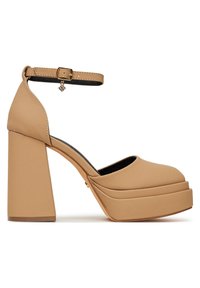 Beežid platvormkingad pakse kontsaga, ümarate ninade ja pahkluu rihmaga. Siledalt mati viimistlusega ning peente õmblusdetailidega.