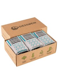 Pudełko z trzema parami szarych skarpetek wykonanych z organicznej bawełny, z czarnymi i niebieskimi wzorami, posiadających właściwości regulujące temperaturę oraz zapobiegające pęcherzom.