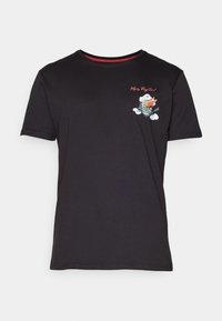 Black short-sleeve t-shirt with small graphic and red text on upper left chest, featuring clouds, wings, and the words "Flying Buzz Soul."