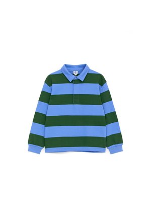 Koszulka polo z długim rękawem z szerokimi poziomymi paskami w kolorze niebieskim i ciemnozielonym, niebieskim kołnierzykiem oraz zapinanym na guziki rozcięciem.