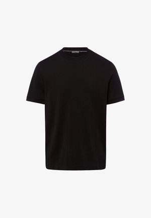 Schwarzes T-Shirt mit kurzen Ärmeln und Rundhalsausschnitt, mit dezenten vertikalen Nahtdetails auf der Vorderseite und aufgerollten Ärmeln, vor schlichtem weißem Hintergrund präsentiert.