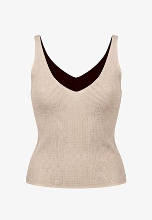 Mouwloze beige gebreide tanktop met subtiele glinsterdetails en een diepe V-hals.