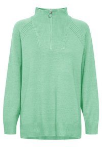 Pull-over vert avec un design côtelé au col, doté d'une fermeture à demi-fermeture éclair et de manches longues. Texture douce et coupe décontractée.