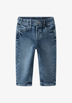 Shorts di jeans in blu scuro con una texture sbiadita, dotati di vita elasticizzata, tasche anteriori e taglio a gamba dritta.