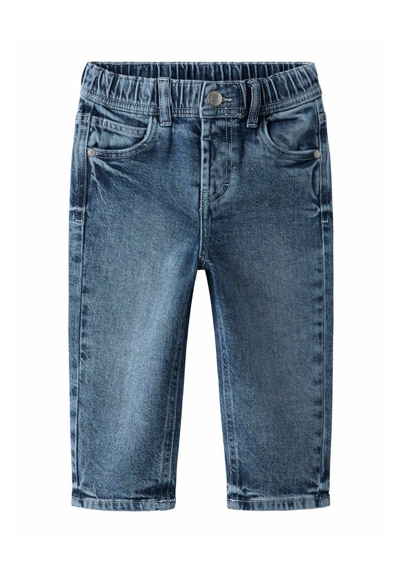 Shorts di jeans in blu scuro con una texture sbiadita, dotati di vita elasticizzata, tasche anteriori e taglio a gamba dritta.