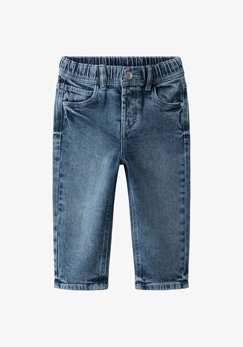Shorts di jeans in blu scuro con una texture sbiadita, dotati di vita elasticizzata, tasche anteriori e taglio a gamba dritta.