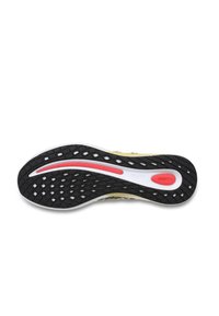 Shoe sole with a textured black rubber bottom, white midsole featuring a red accent, and an intricate diamond pattern for grip.