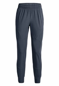 Dark gray athletic jogger pants with elastic waistband, side pockets, tapered legs, and Under Armour logo on left thigh.