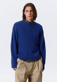 Pull en maille bleu avec un col rond, des manches longues et une coupe décontractée. Porté par-dessus une chemise à col rayée ; associé à un pantalon beige.