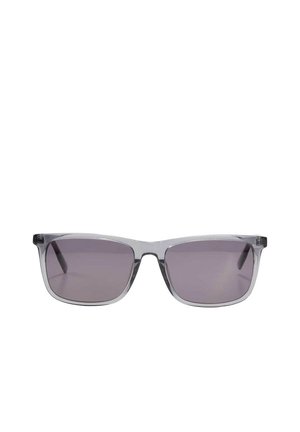Rectangular sunglasses with transparent gray plastic frames and dark tinted lenses.