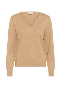 Beige trui met V-hals, lange mouwen en een losse snit. Gemaakt van zacht breiwerk met een subtiele textuur. Merklabel "CREAM" zichtbaar.