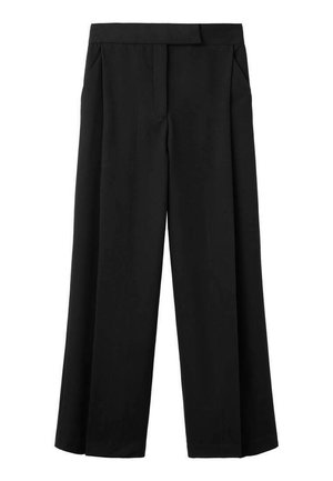 Crne široke hlače od glatkog materijala, s ravnim prednjim dijelom, dva bočna džepa i krojenim pojasom.