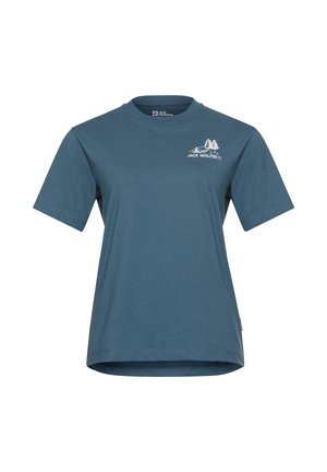 T-shirt blu in cotone con maniche corte, colletto rotondo e un logo bianco raffigurante alberi e una tenda sul petto sinistro.