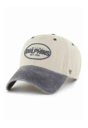 Beige und graue Miami Dolphins Baseballkappe mit gebogenem Schirm, besticktem Teamnamen und Gründungsjahr 1966 auf der Vorderseite.