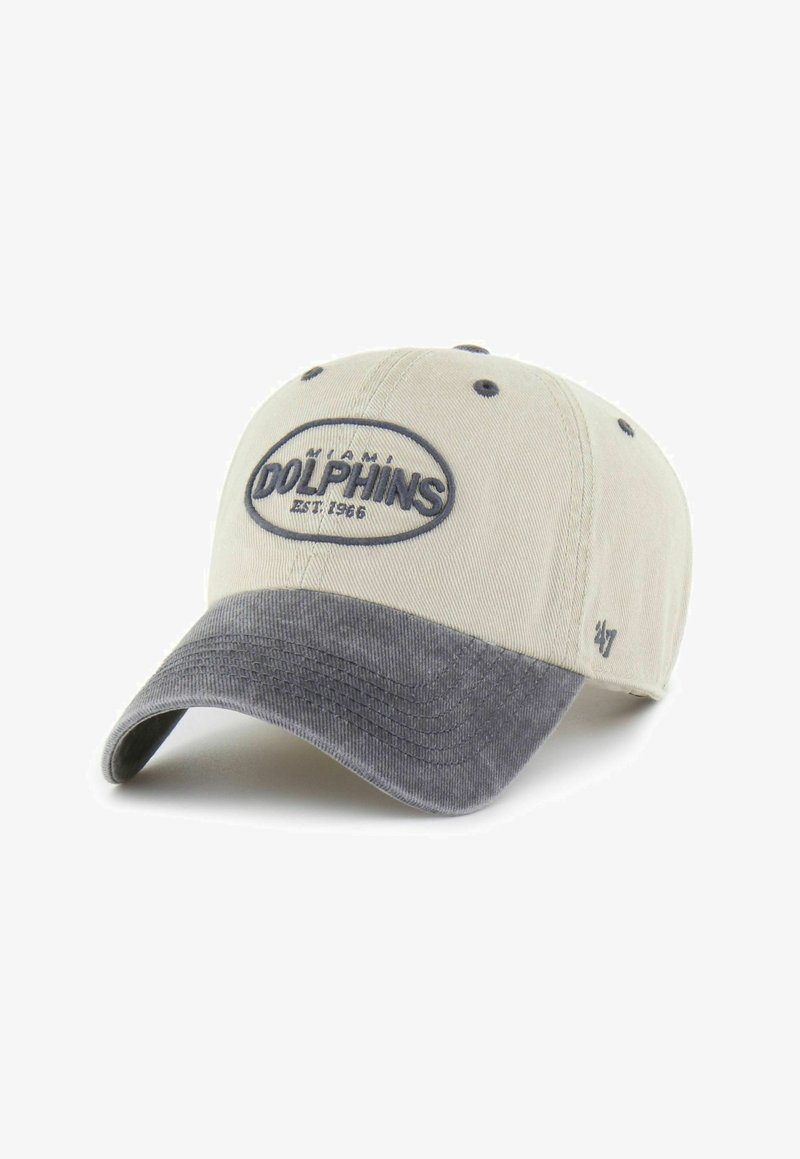 Beige and gray Miami Dolphins baseball cap with curved brim, embroidered team name, and established date 1966 on the front.