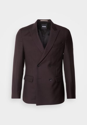 Double-breasted dark burgundy blazer with a subtle grid pattern, peaked lapels, two front pockets, and black button accents.