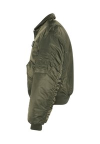 Olive green bomber jacket with a zip closure, ribbed cuffs and hem, side pocket, and quilted texture on the body. Smooth, synthetic material.