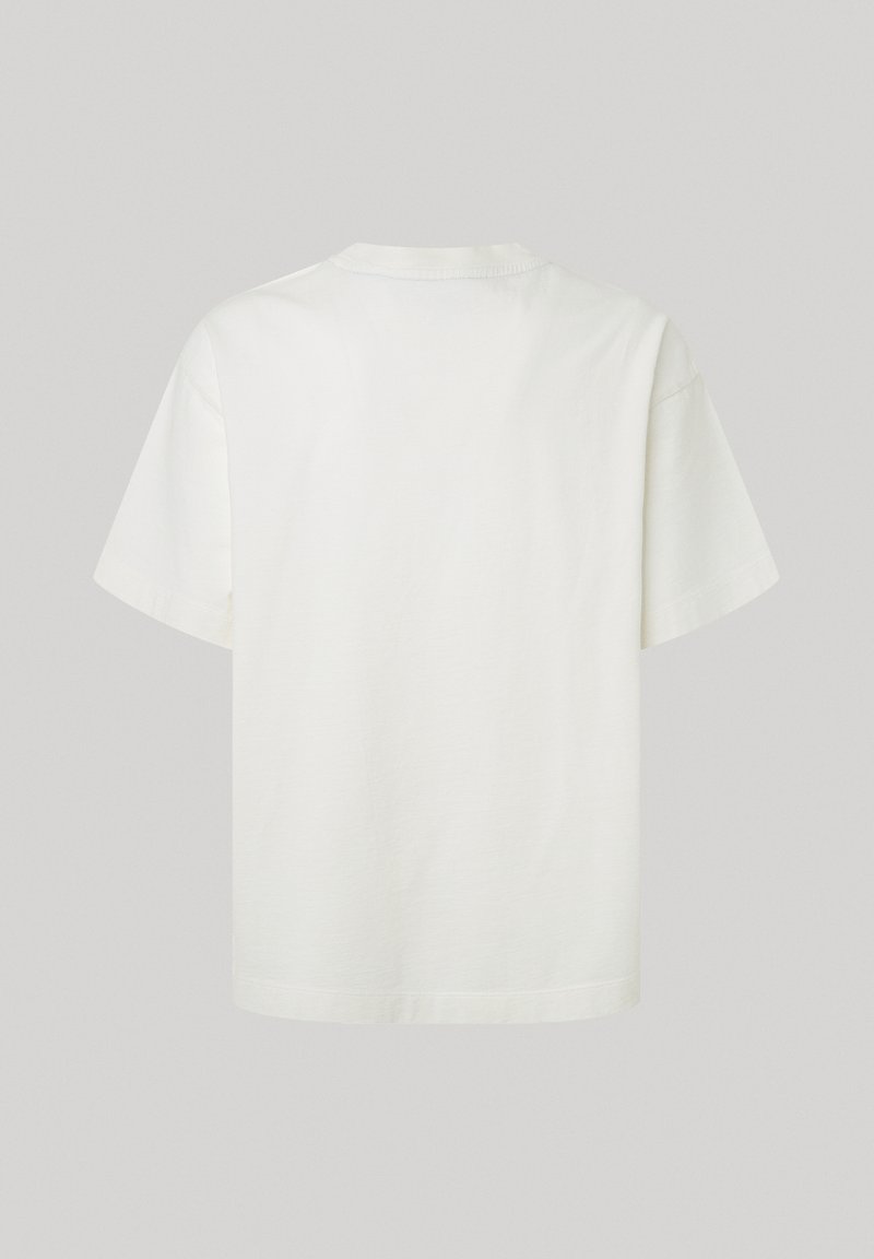 Kurzärmliges T-Shirt mit Rundhalsausschnitt aus cremefarbener Baumwolle. Einfaches Design mit geradem Schnitt und ohne Verzierungen, glatte Textur.