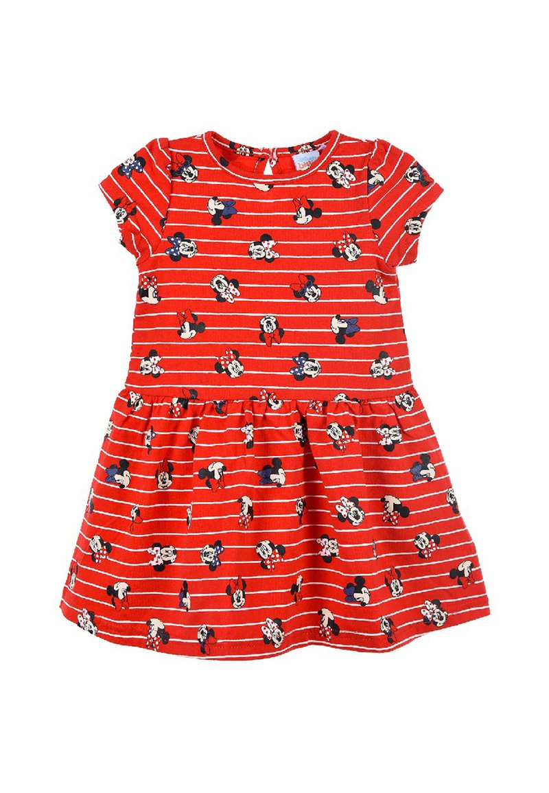 Rotes Kleid mit kurzen Ärmeln, das mit weißen Streifen und wiederholten schwarz-weiß Comicfiguren verziert ist. Der Rock ist an der Taille ausgestellt.