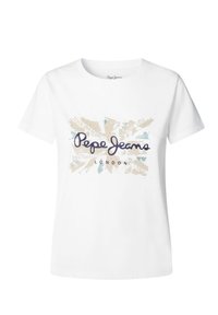 Vit bomulls t-shirt med en flerfärgad grafisk design som har "Pepe Jeans" i kursiv stil och "LONDON" tryckt nedanför. Normal passform.