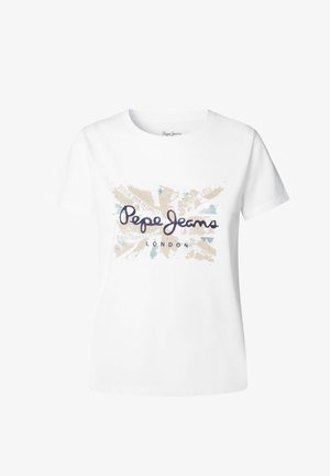 Camiseta blanca de algodón con un diseño gráfico multicolor que presenta "Pepe Jeans" en escritura y "LONDON" impreso debajo. Corte regular.