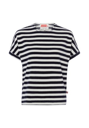 Kurzärmeliges, marineblau-weiß gestreiftes Shirt mit Rundhalsausschnitt und kleinem roten Markenlabel innen im Kragen.