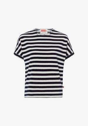 T-shirt à manches courtes rayé horizontal bleu marine et blanc, col rond et petite étiquette rouge de la marque à l'intérieur du col.