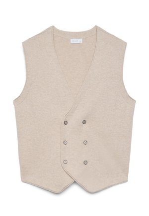 Gilet beige sans manches à double boutonnage avec six boutons et col en V, présenté à plat sur fond blanc.