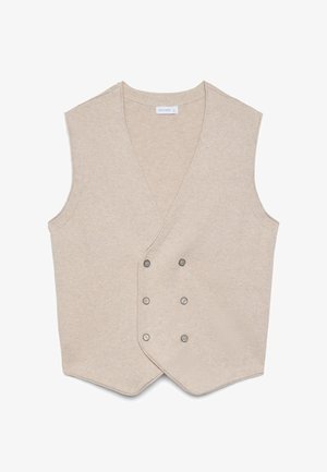 Beige sleeveless double-breasted vest with six buttons and a V-neck collar, displayed flat on a white background.